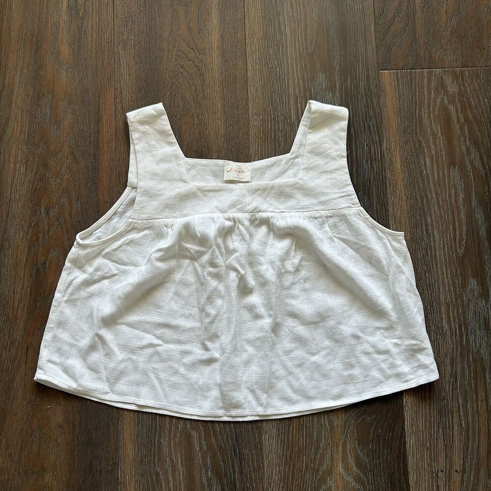 Allie Rose White Crop Tank Shirt Linen Cotton Blend Womens Large Square Neck Top